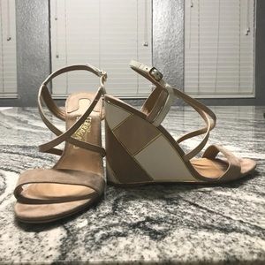 Feragamo tan white suede wedges